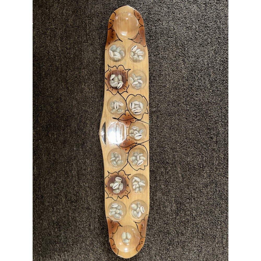 Handcrafted Wooden Mancala Board Game Set with Cowrie Shells Floral Painted 24x5